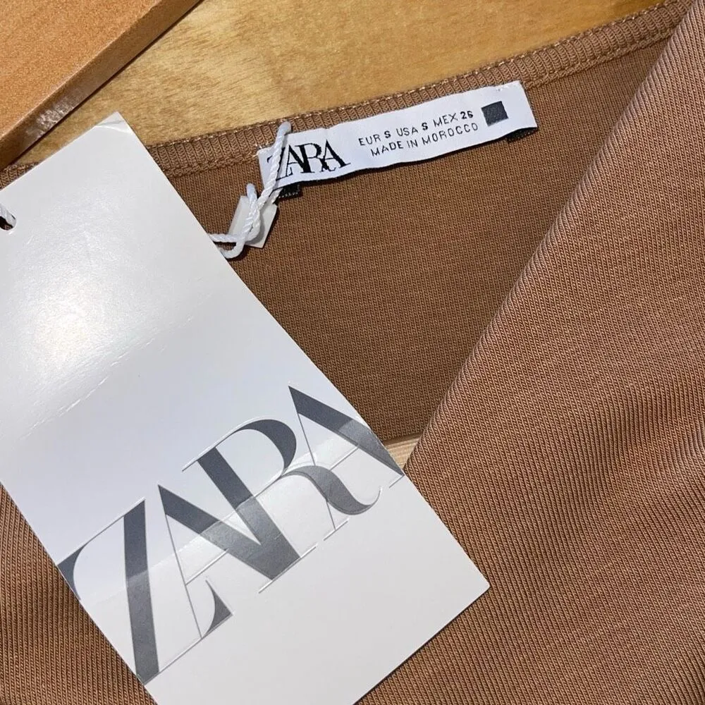 Zara Womens Side Draped Half Sleeve Wrap‎ Neck Midi Dress Brown Size Small NWT - Image 8