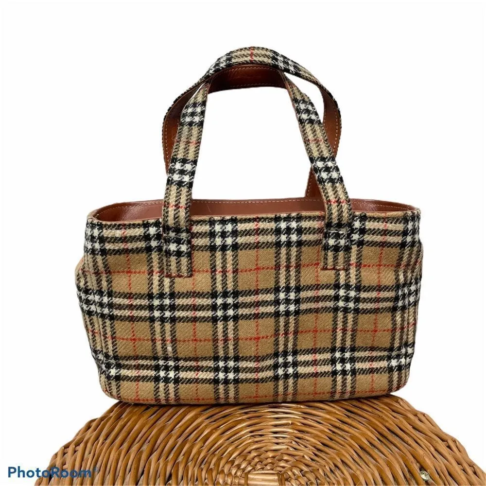 Burberry Wool Vintage Nova Check Signature Plaid Tote Shoulder Bag Purse Tan - Image 2