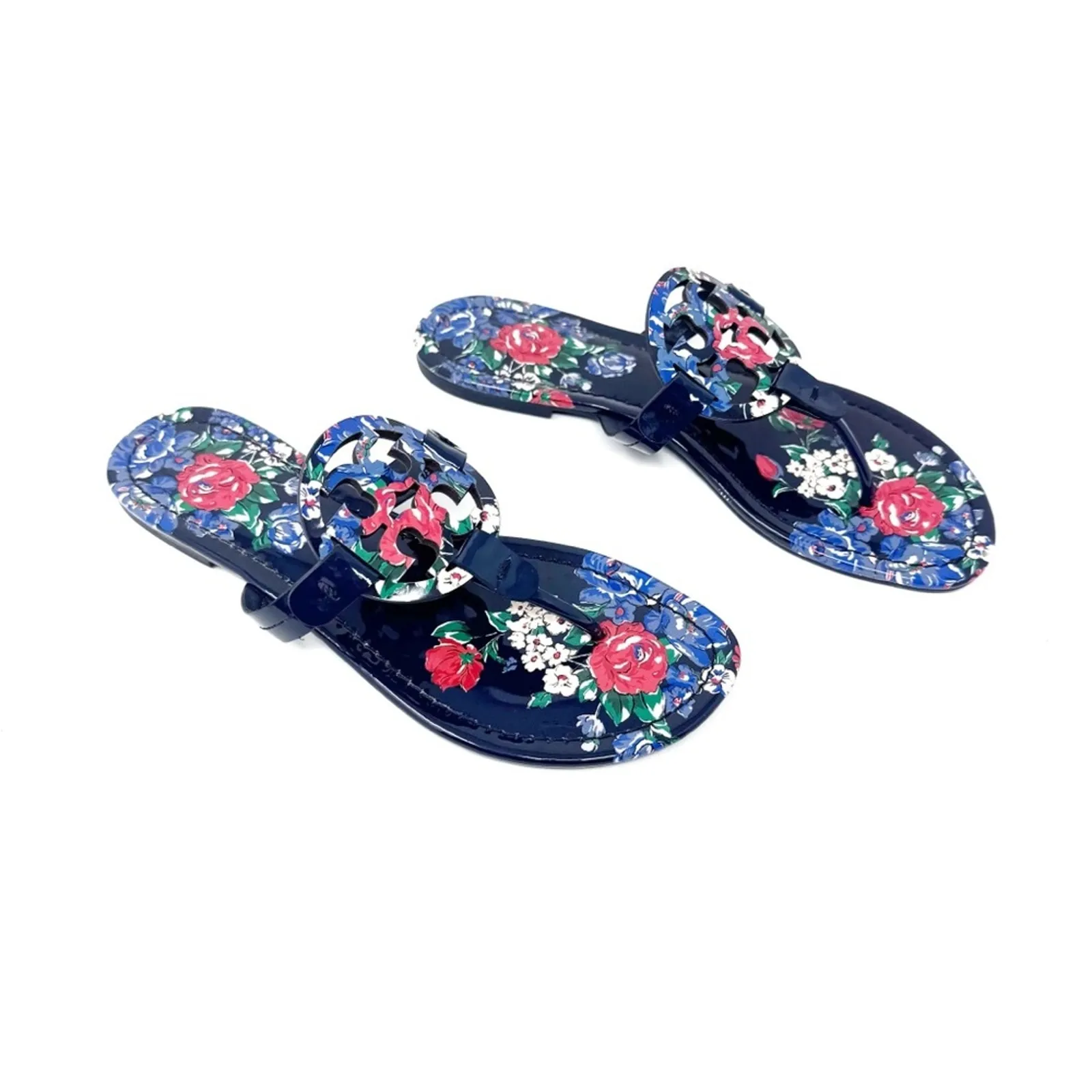 Tory Burch Miller Navy Floral Patent Leather Sandals Size 8 – Tea Rose Print - Image 4