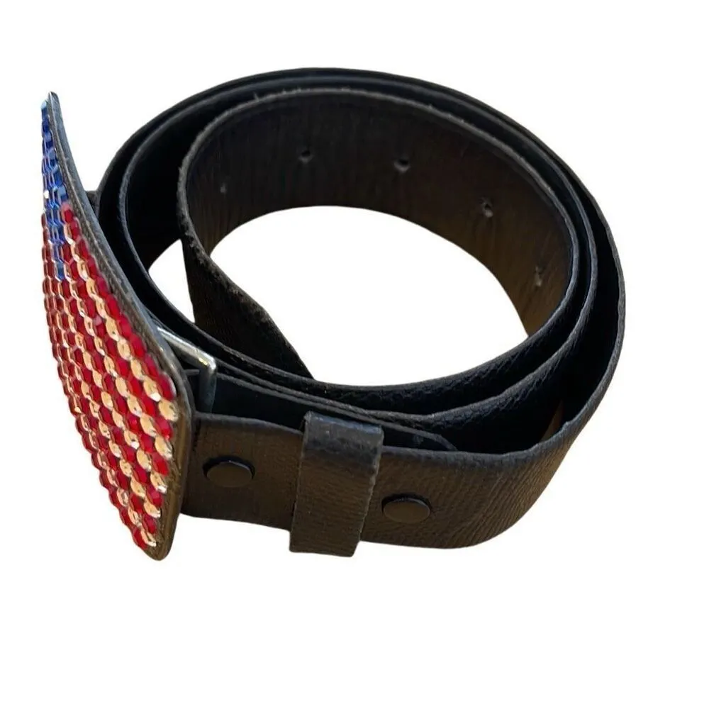Kathe‎ Helander Womens Crystal American Flag Buckle Leather Belt Black - Image 3