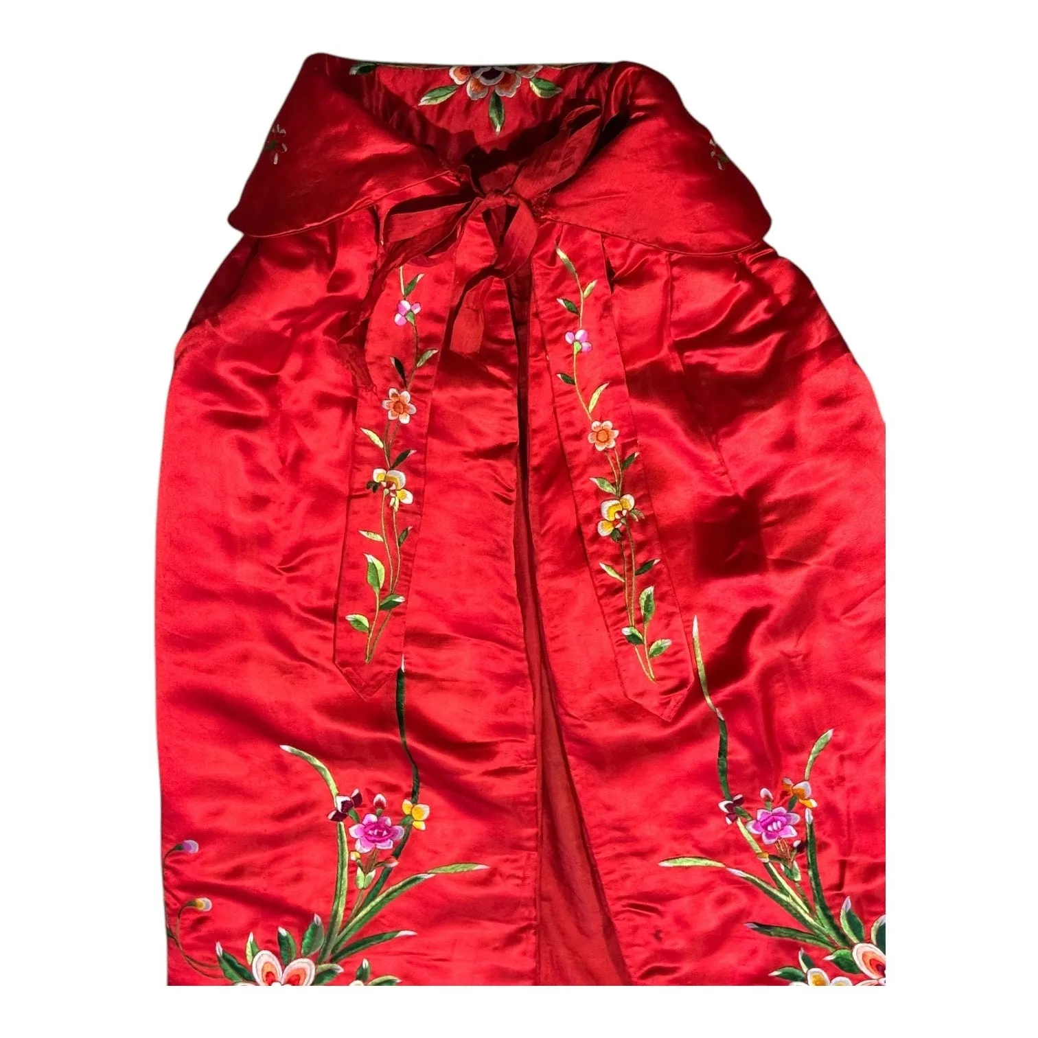 Vintage Red Silk Embroidered Padded Cape with Floral Satin Stitch Detail small - Image 11
