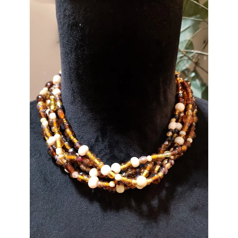 Women Fashion Multistrand Champagne Beads Faux Pearls Link Chain Collar Necklace Brown - Image 2