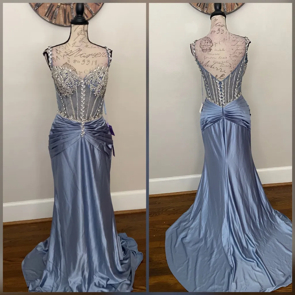 Dusty light blue crystal corset prom dress, formal dress or evening gown - Image 2