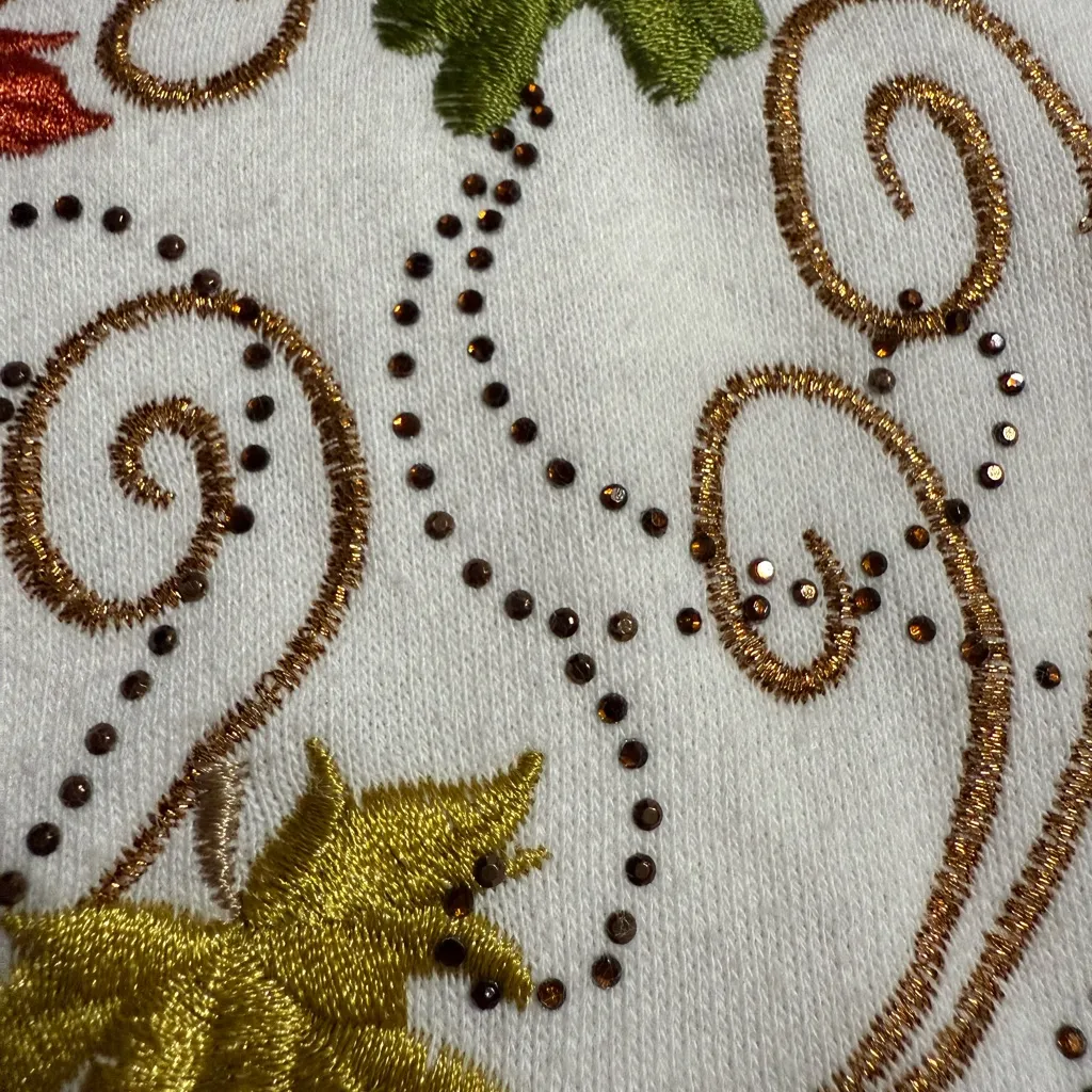 🍂 Cozy Fall Multicolor Leaf Embroidered Sweatshirt with Bead Embellishments 🍁 L White Size L - Image 8