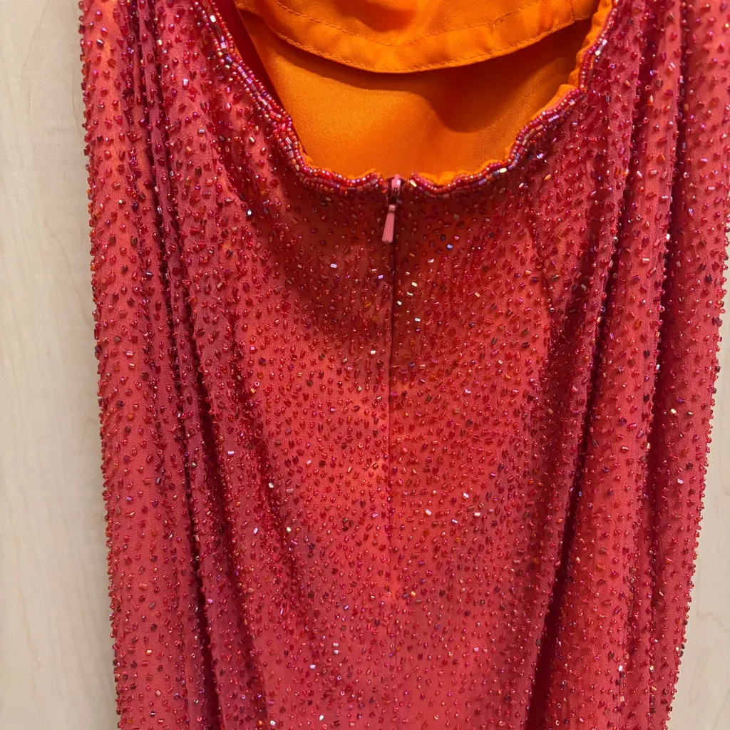 SCALA Vintage Orange Beaded Long Formal Prom Dress Backless Y2K 1990 100% Silk Red Size 6 - Image 9