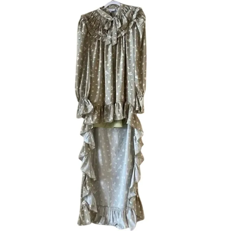 NWT WeWoreWhat High Low Polka Dot Floral Drape Ruffled Long Sleeve Dress S Sage - Image 2