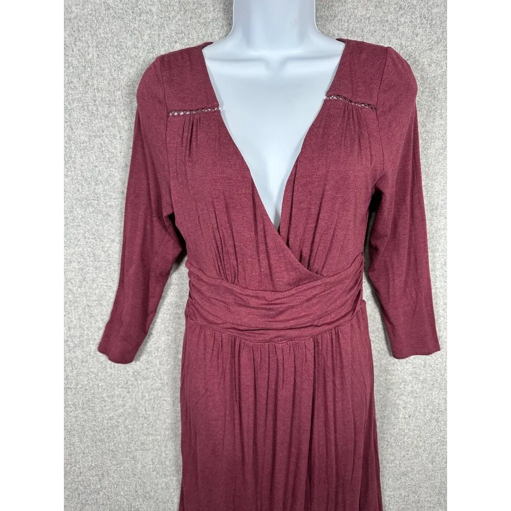 Maeve Medium Womens Dress Low Cut V-Neck Burgundy Stretch Faux Wrap Knee Length - Image 3
