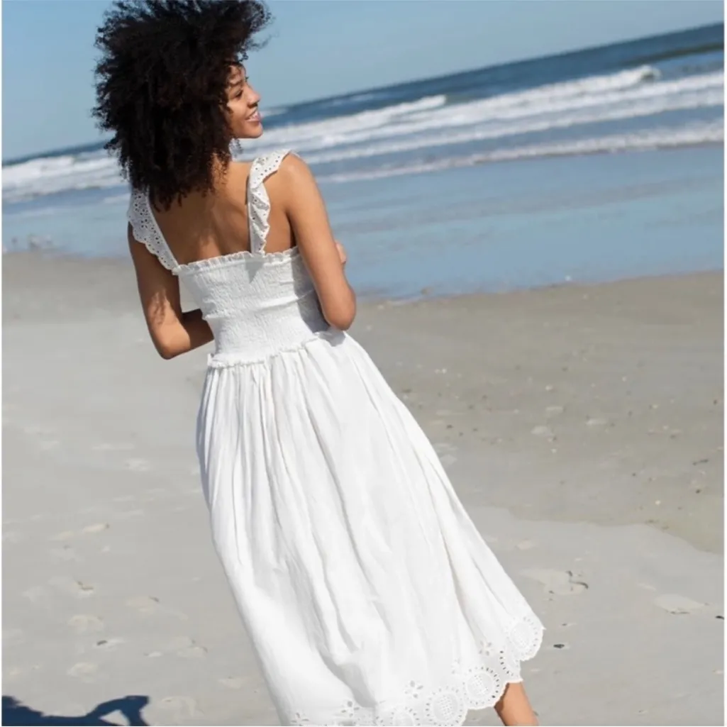 Natural Life Smocked Cotton Eyelet Midi Dress White Boho Bohemian Cottagecore - Image 3