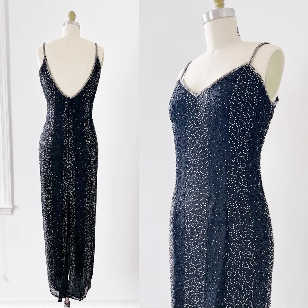 vintage • Laurence Kazar 90s beaded maxi dress black silk chiffon formal evening - Image 14