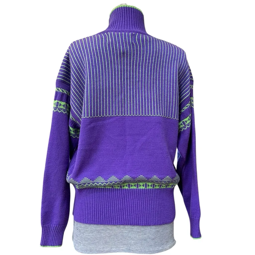 Vintage 80’s Kazlin Ski Wool Blend Turtleneck Ski Sweater Purple and Green Size L - Image 3