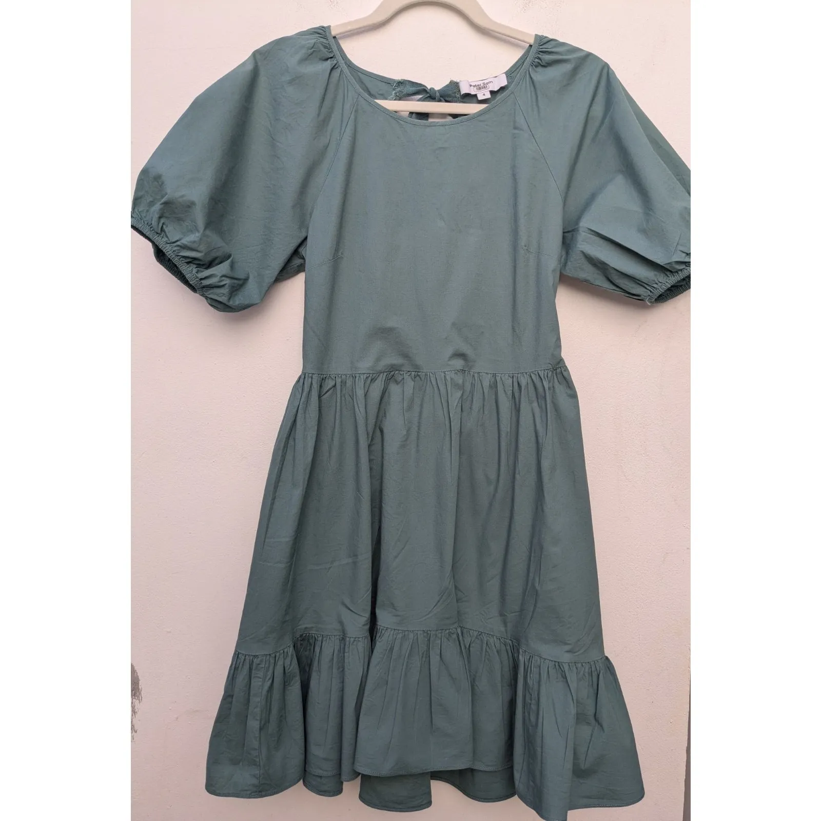 Peter Som Women's Mini Dress Cotton Puff Sleeve Pockets Ribbon Green Size 4 - Image 3