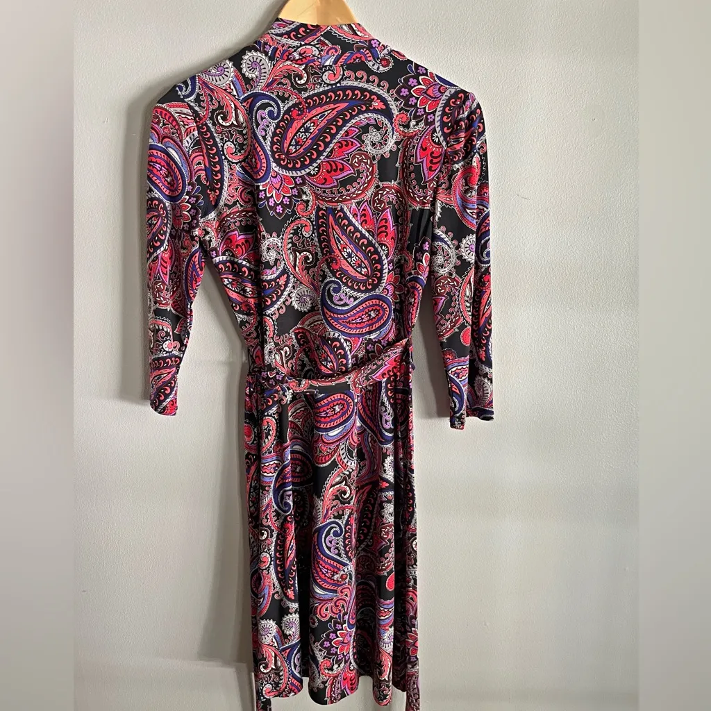 Liz Claiborne Paisley Wrap Dress Small Black Red Purple 3/4 Sleeve Belted - Image 6