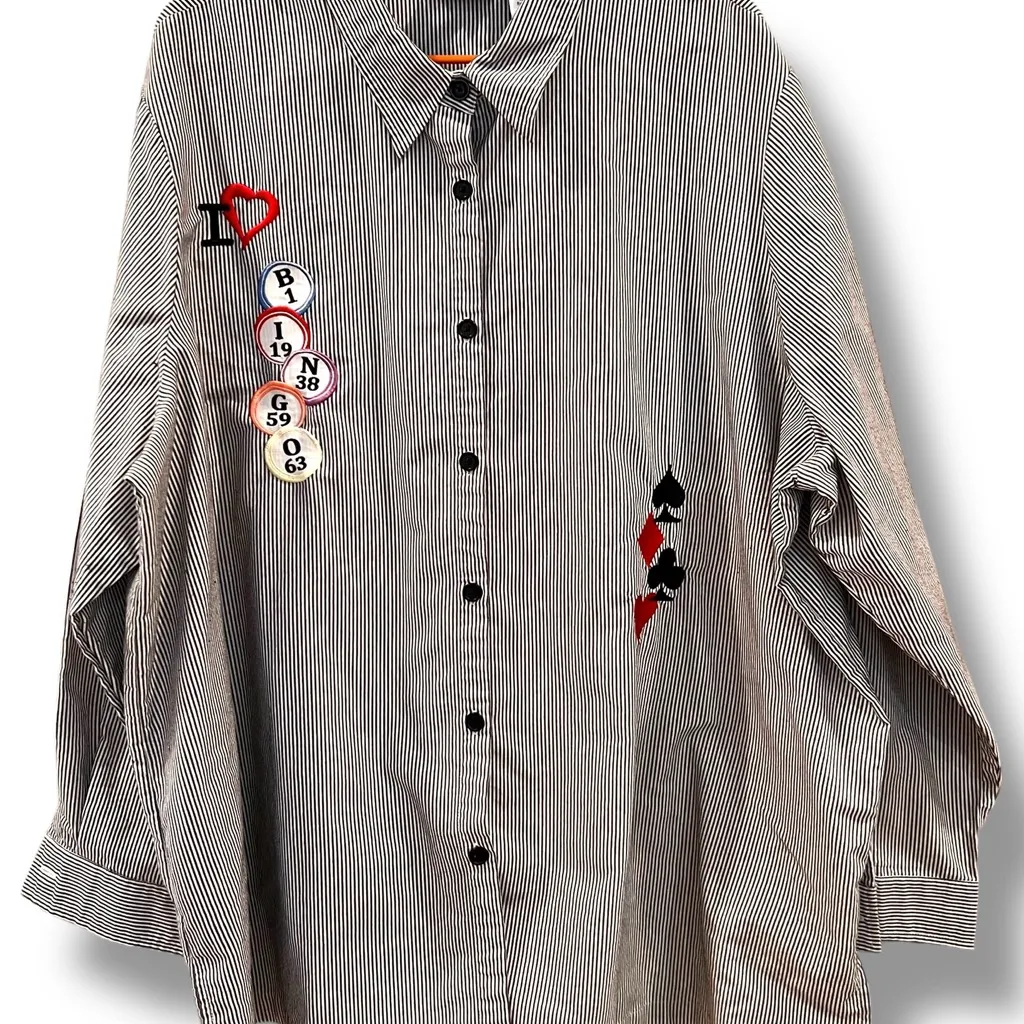 Blair I LOVE BINGO Lucky Shirt - Black White Stripe Collar Button Down 3XL Plus - Image 6