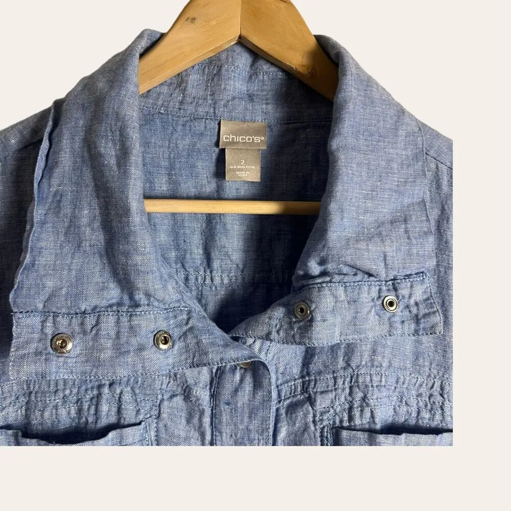 Chico's Chico’s Cross Dye Blue Linen Drawstring Utility Jacket Size L - Image 5