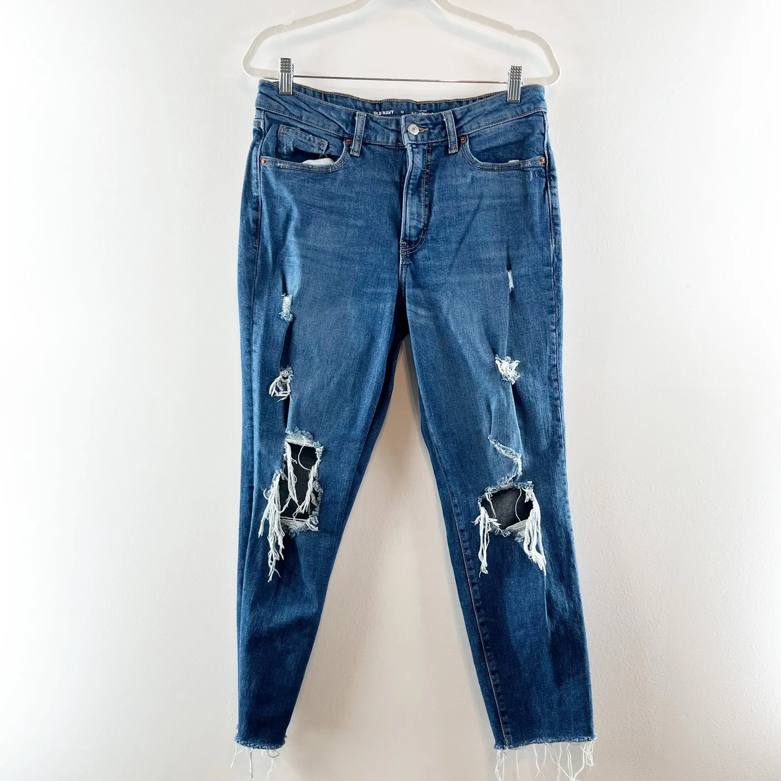 Old Navy High Rise The O.G. Straight Leg Distressed Raw Hem Jeans Blue 12 - Image 2