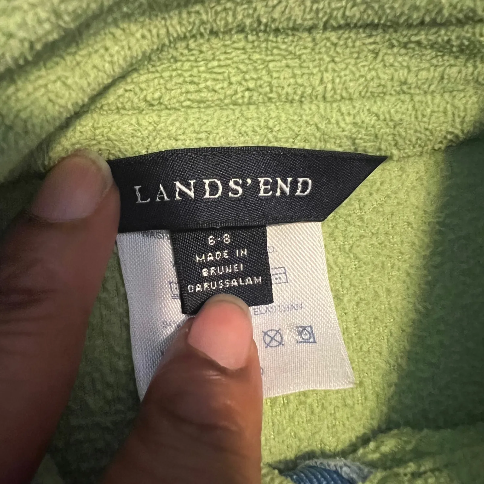 Lands End Green Fleece Quarter Zip Pullover Sweatshirt Blue Elbow Patches Sz 6-8 - Image 2