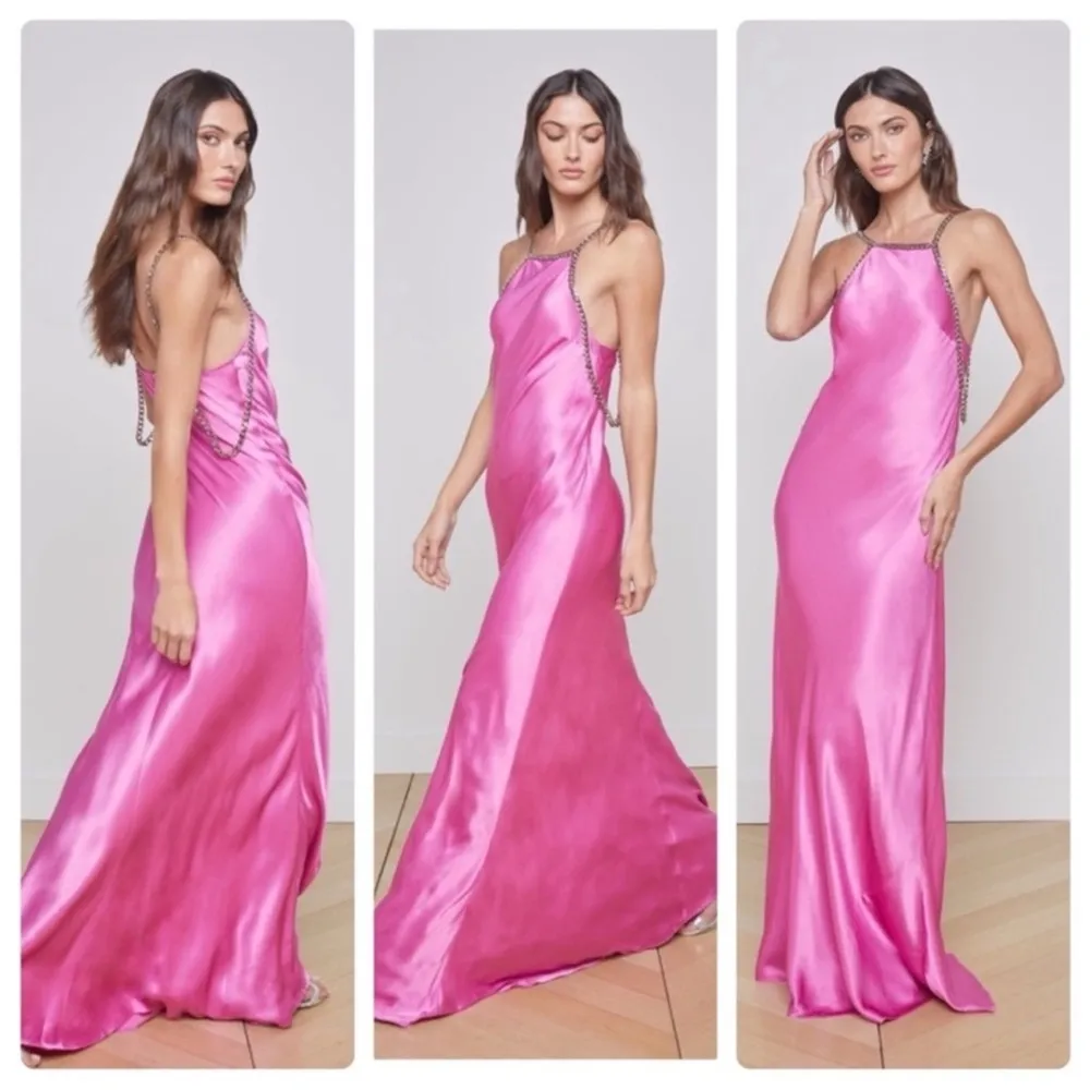 NWOT L'AGENCE Majesty Chain-Trim Satin Gown in Magenta Pink Size 8 - Image 3