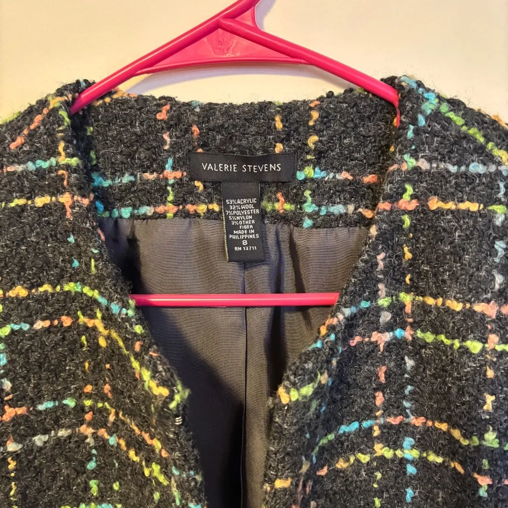 Valerie Stevens Tweed Blazer Jacket Grey Colorful Rainbow Checkered Women Size 8 - Image 3