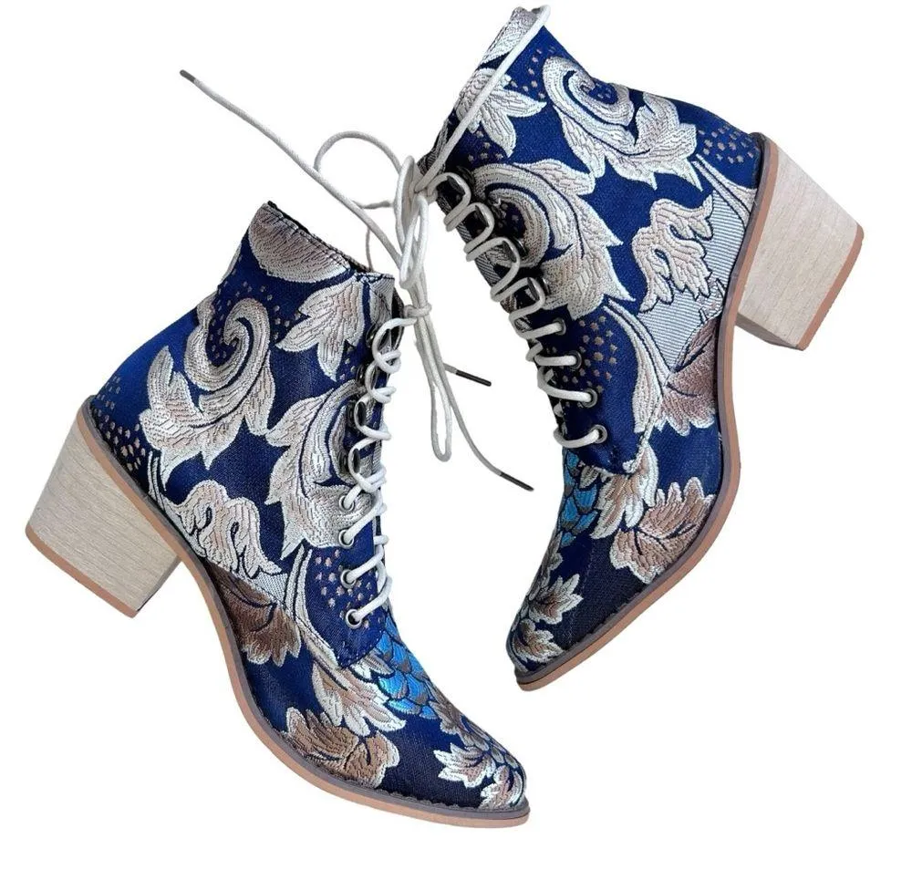 Vintage Satin Floral Embroidered Block Heel Cowboy Ankle Booties Blue Size 7 - Image 16