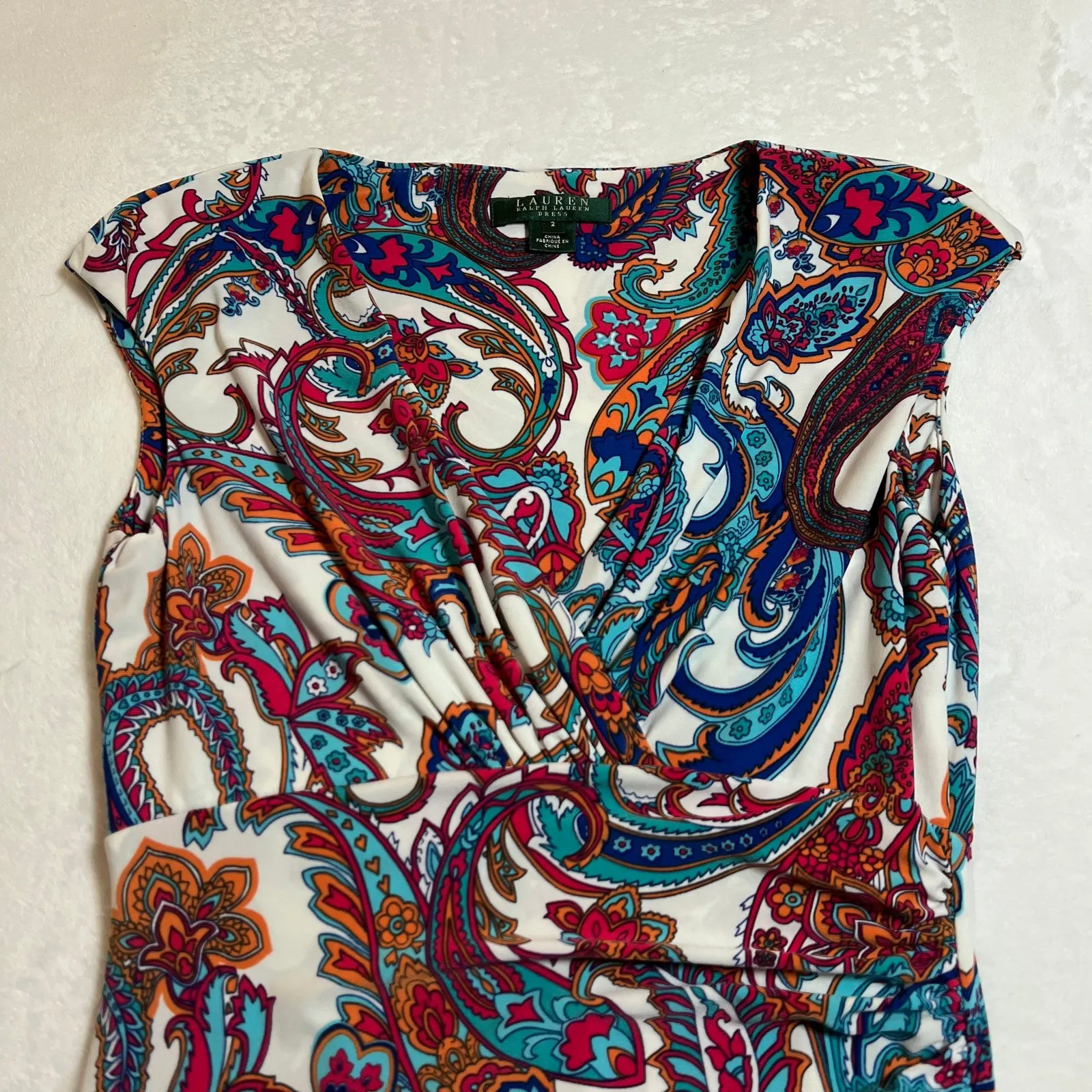 Lauren Ralph Lauren V-Neck Cap Sleeve Paisley Print Ruched Sheath Dress Size 2 - Image 3