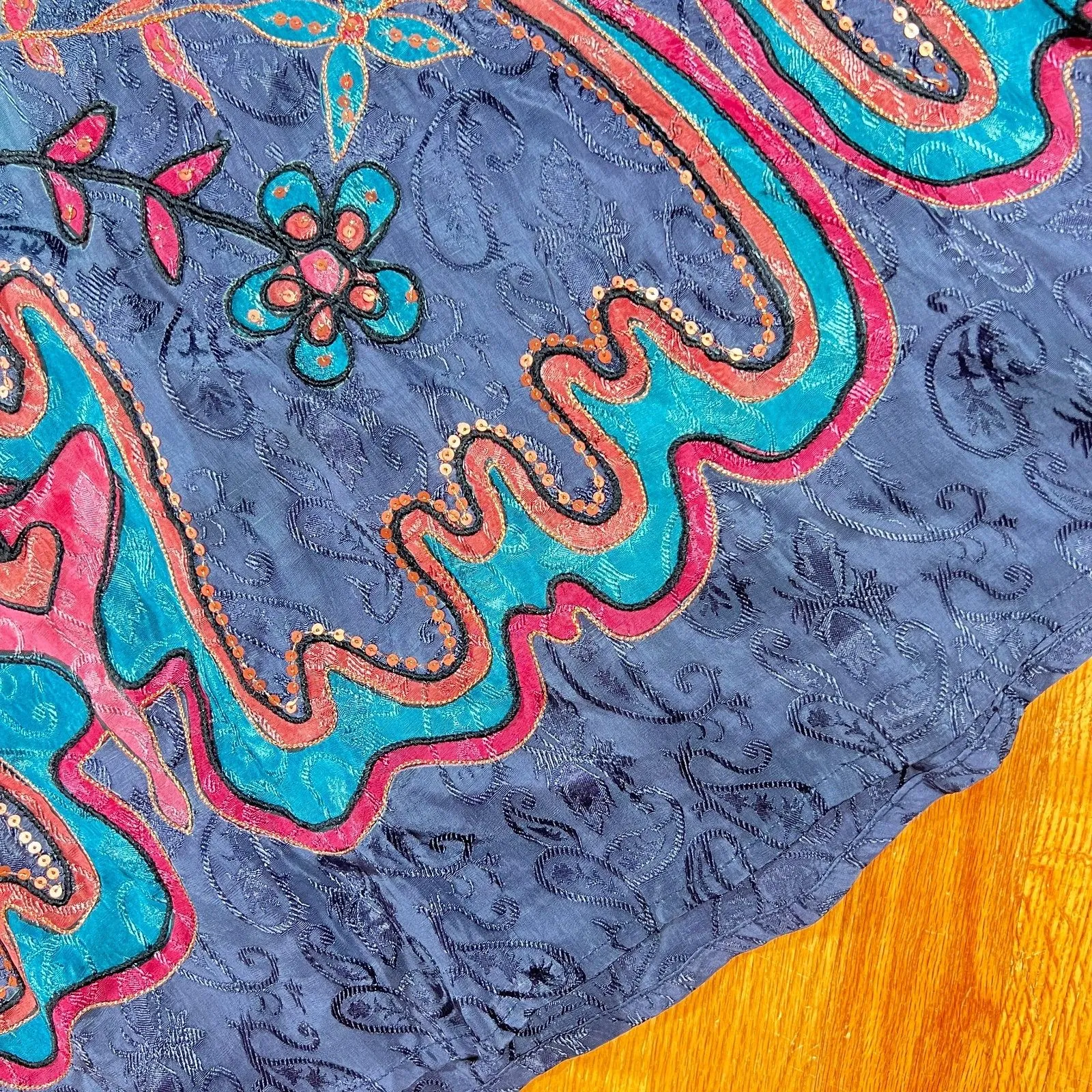 Indigo Moon Boho Teal Copper Rayon Jacquard Skirt XL embroidery Blue - Image 7