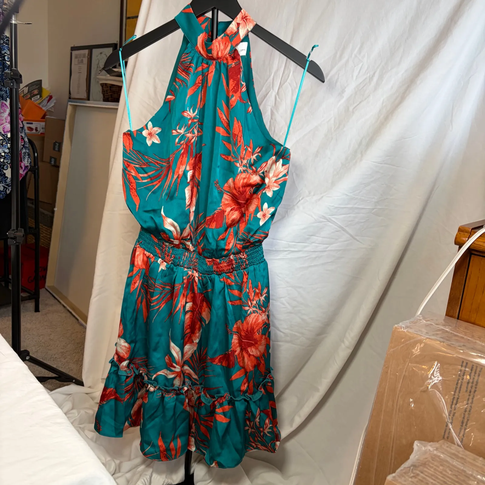 Sweet Lemon floral tropical halter dress. Teal orange. Size S. Mini dress. Green - Image 8