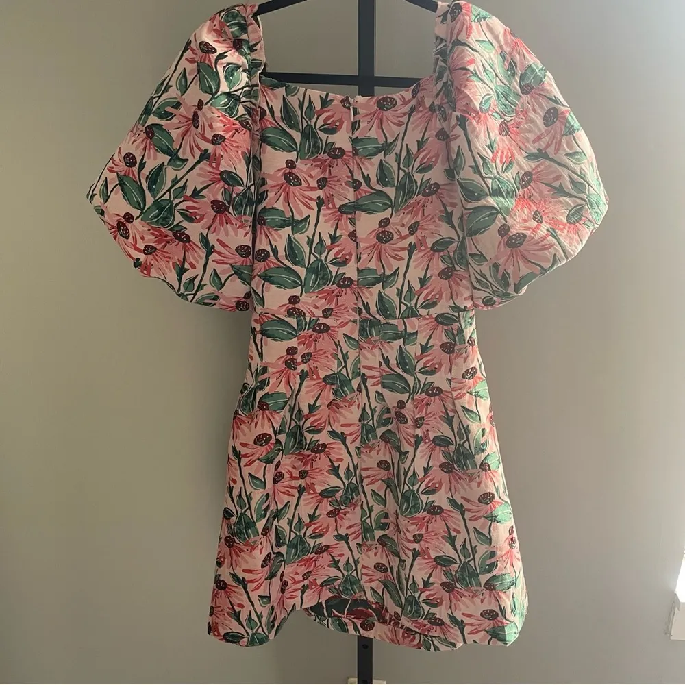 Moodie Floral Puff Sleeve Jacquard Mini Dress Size Small Pink - Image 2