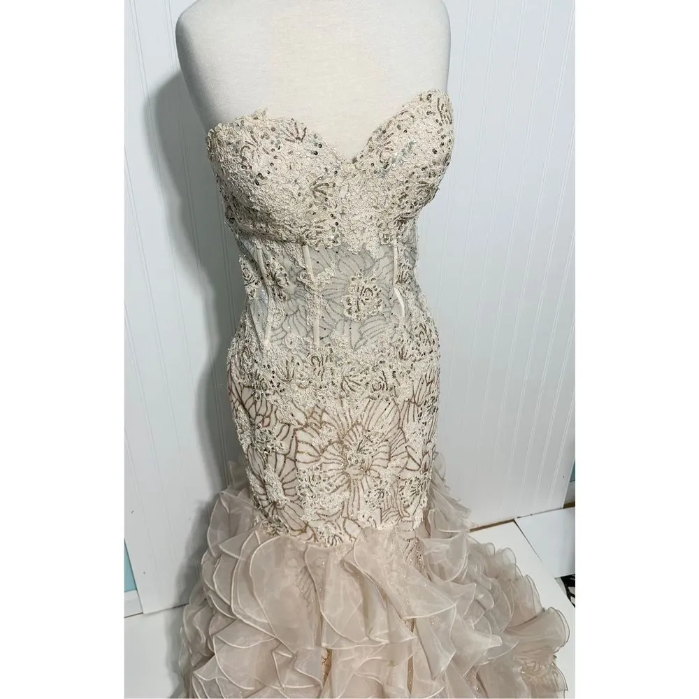 Jovani Strapless Trumpet Embroidered Corset‎ Prom Dress Gown Light Cafe Size 16 - Image 14