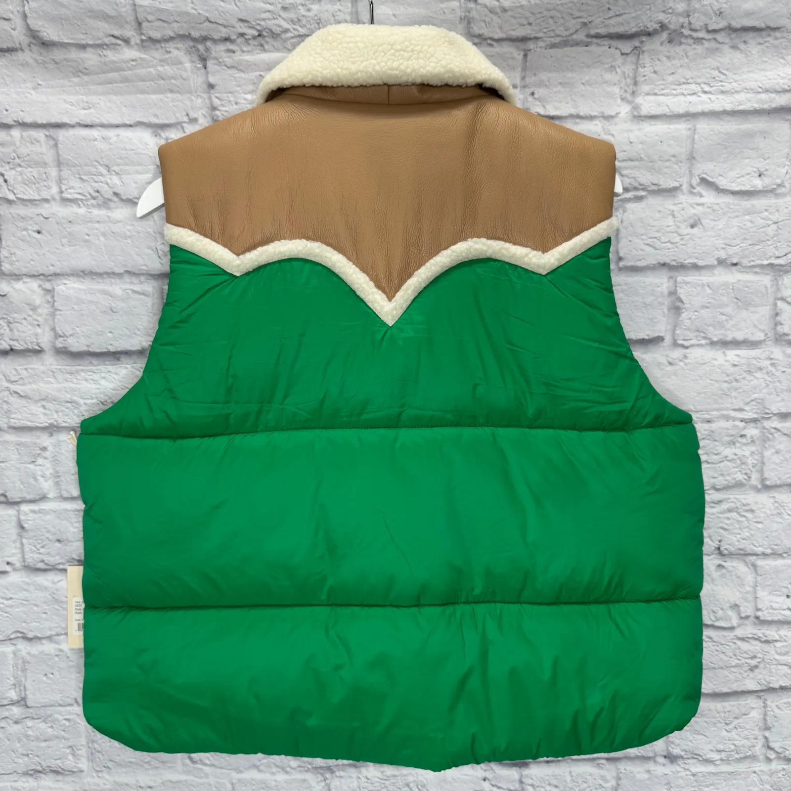 MOTHER Ol' West Puffer Vest Womens Size XL Bright Green Faux Leather Sherpa New - Image 2