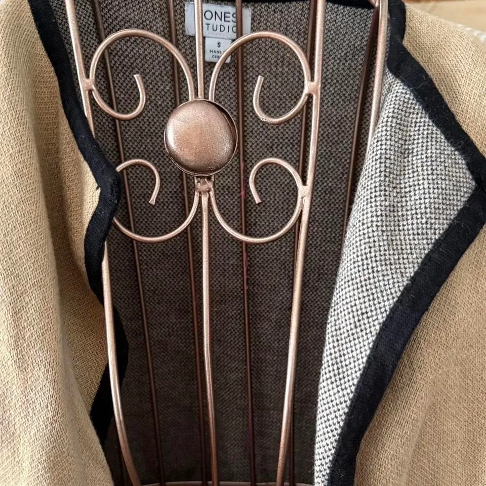 Jones Studio Patchwork Open Cardigan Women's S Tan/Black/Cream - Longline Knit - Image 2