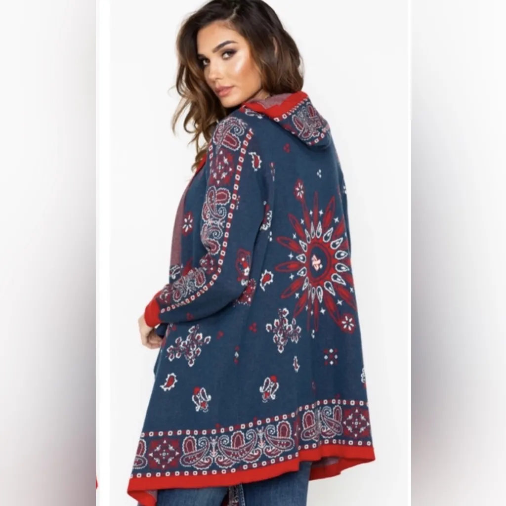 Tasha Polizzi Navy and Crimson Patterned Cardigan Blue Size M - Image 2