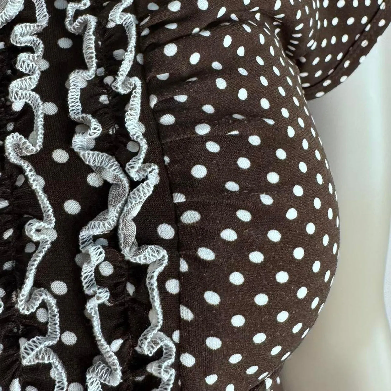 Babydoll Top Polka Dot Coquette Top Short Sleeve Brown White Ruffle Waist Tie - Image 4