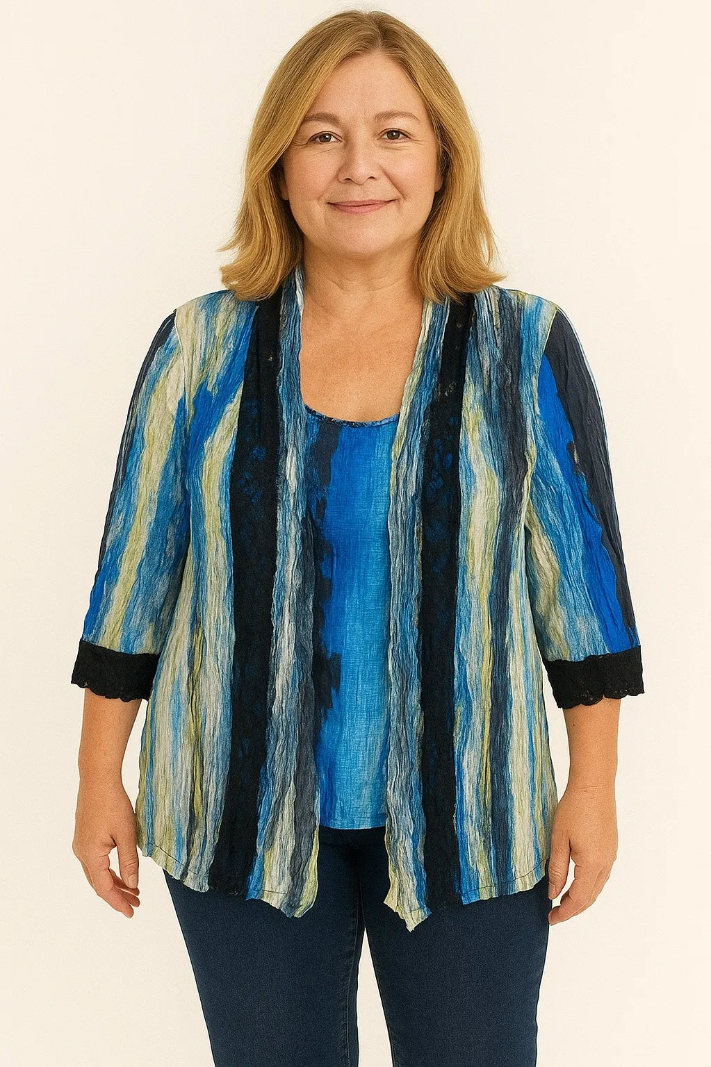 Alberto Makali Blue Black Colorful Beaded 3/4 Sleeve Lightweight Blouse Size M - Image 1