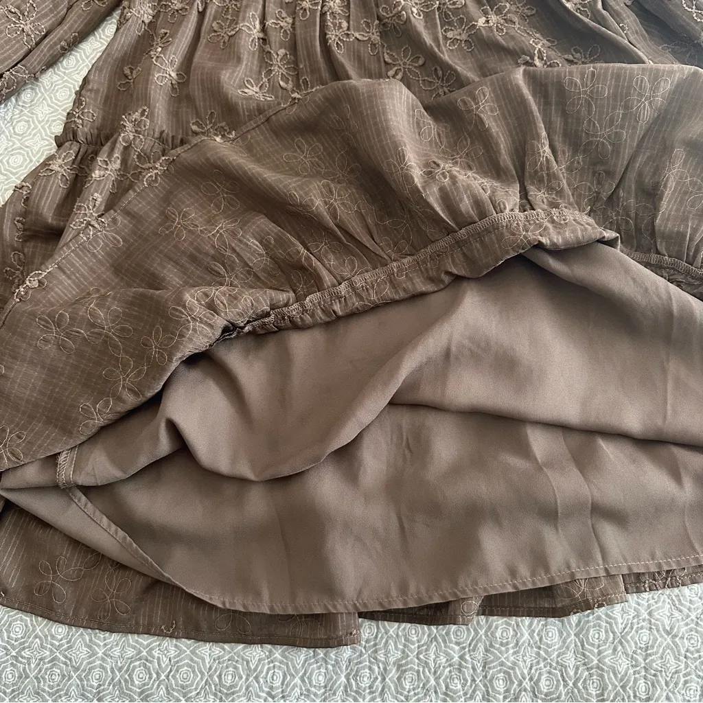 STORIA Brown Tiered Babydoll Mini Dress Long Sleeve Embroidered Floral Size S - Image 9