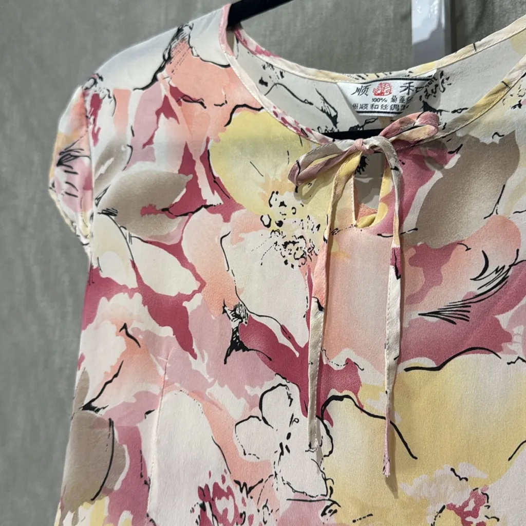 Japanese Silk Floral Cap Sleeve Dress Pink Size M - Image 4