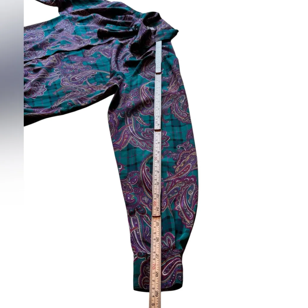 Alfred Dunner Satin Green Purple Paisley Print Bow Tie Blouse Vintage Size 8 EUC - Image 7