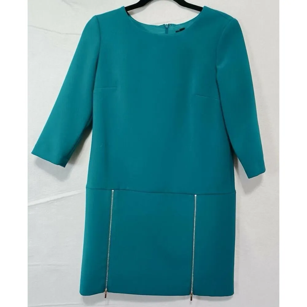 Ann Taylor Teal Drop Waist Dress 8 | 3/4 Sleeve Work Office Career Zip Skirt - Image 2