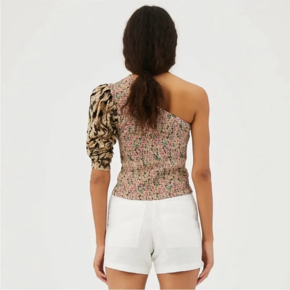 MARIA CHER VILLAFRANCA LIA ONE SHOULDER METALLIC THREAD SMOCKED COTTON TOP M Pink Size M - Image 4