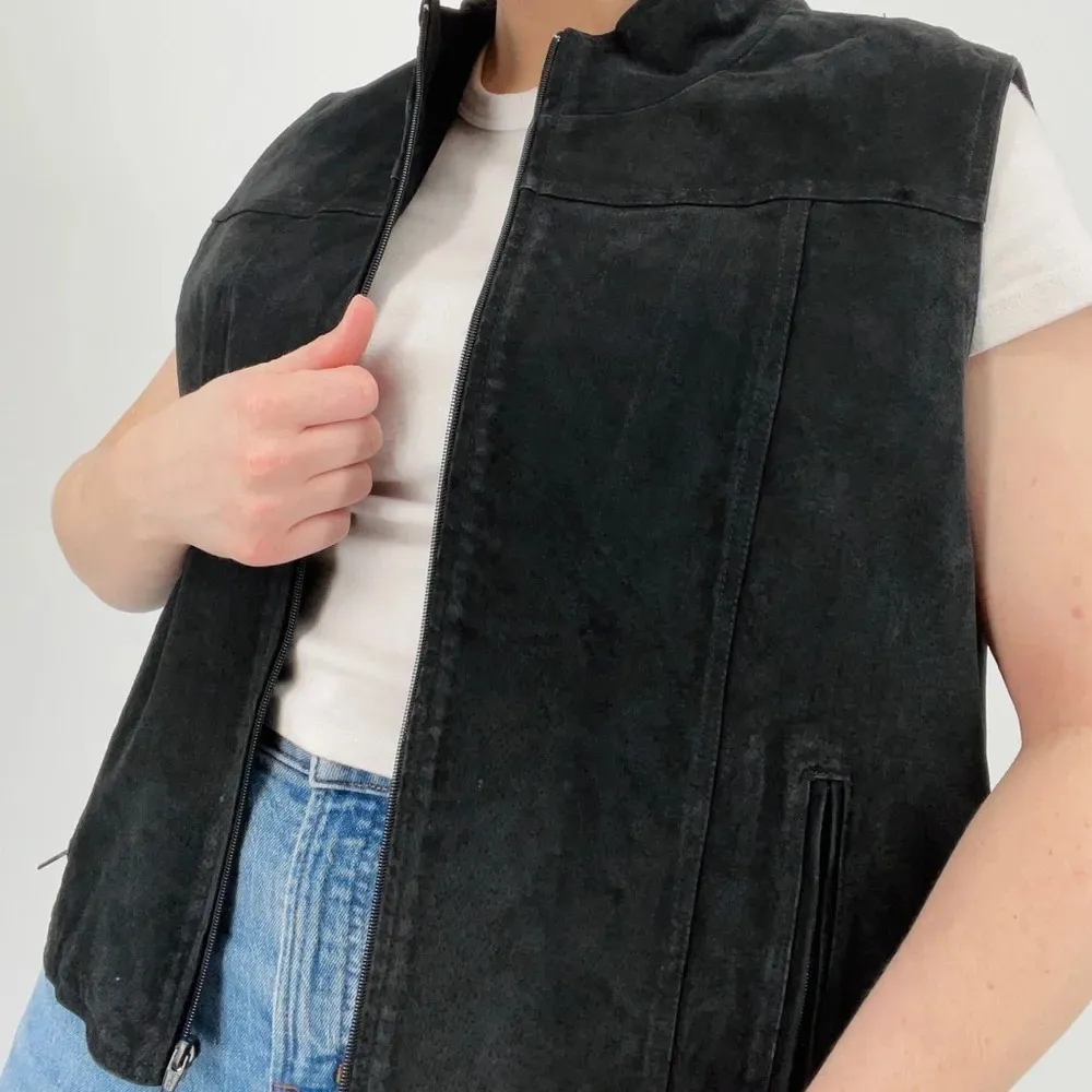 vintage all leather black biker vest zip up sleeveless punk rock goth emo XL - Image 6