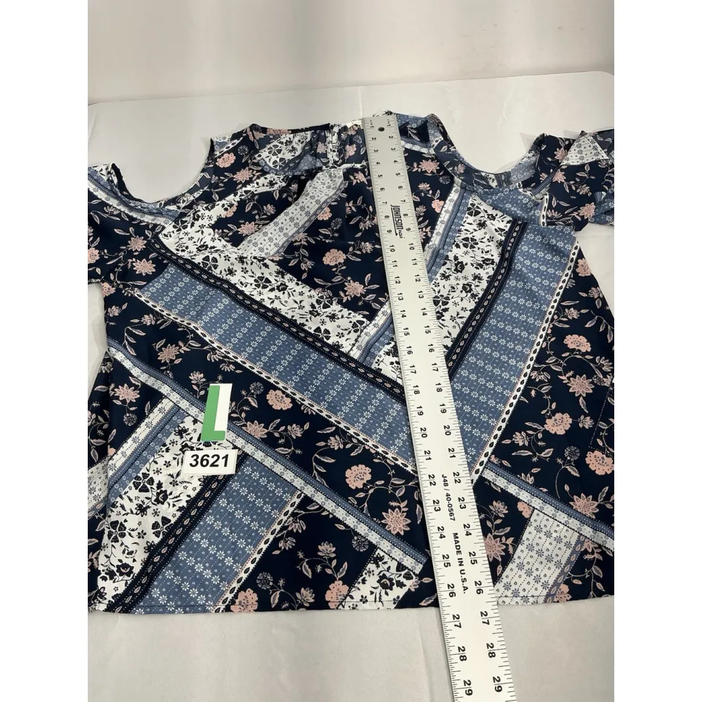 Womans Cooper & Ella XL Blue Floral Short Droopy Peekaboo Sleeve Pullover Blouse - Image 7