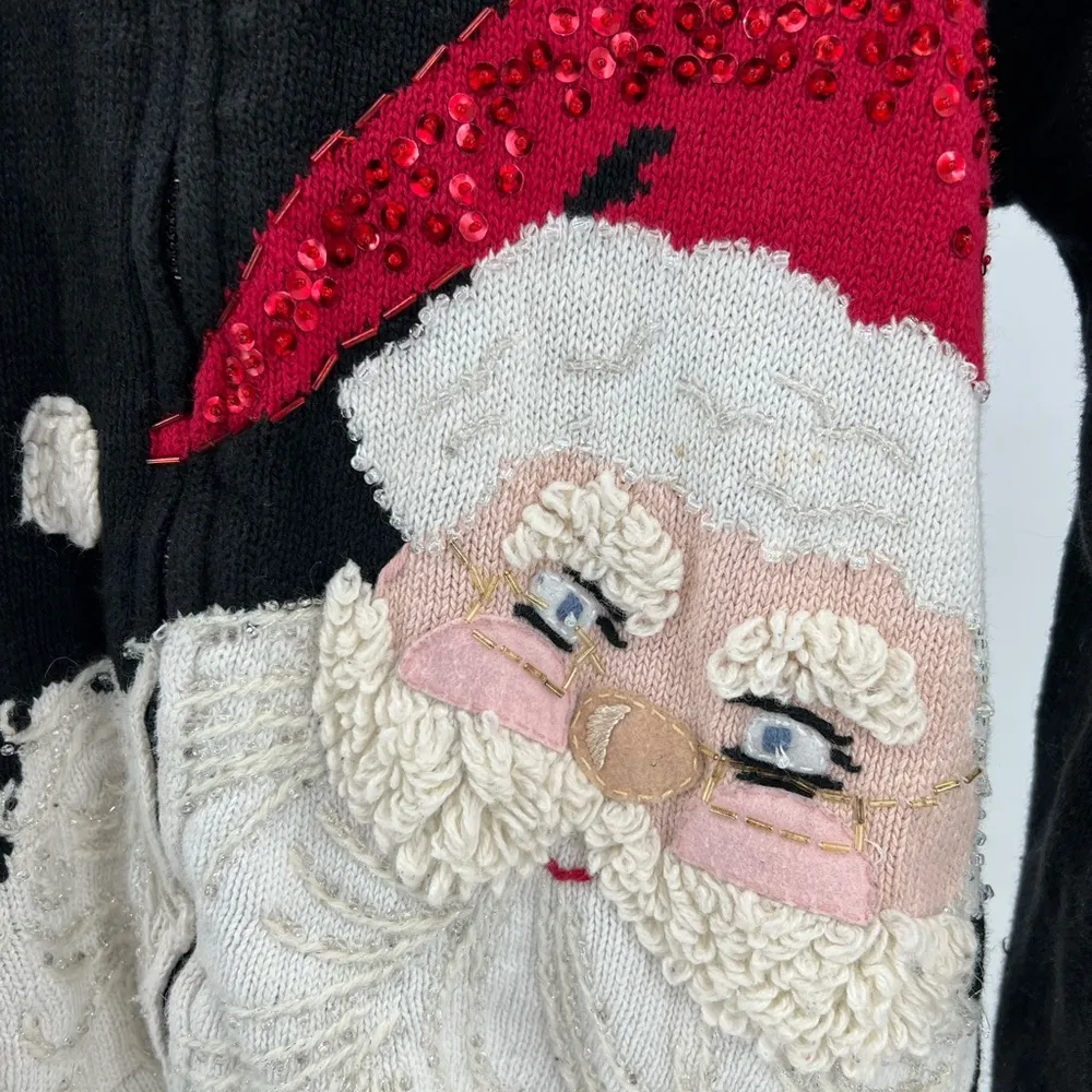 Carly St Claire M zip front beaded sequin Santa cardigan Christmas holiday ramie Black Size M - Image 4