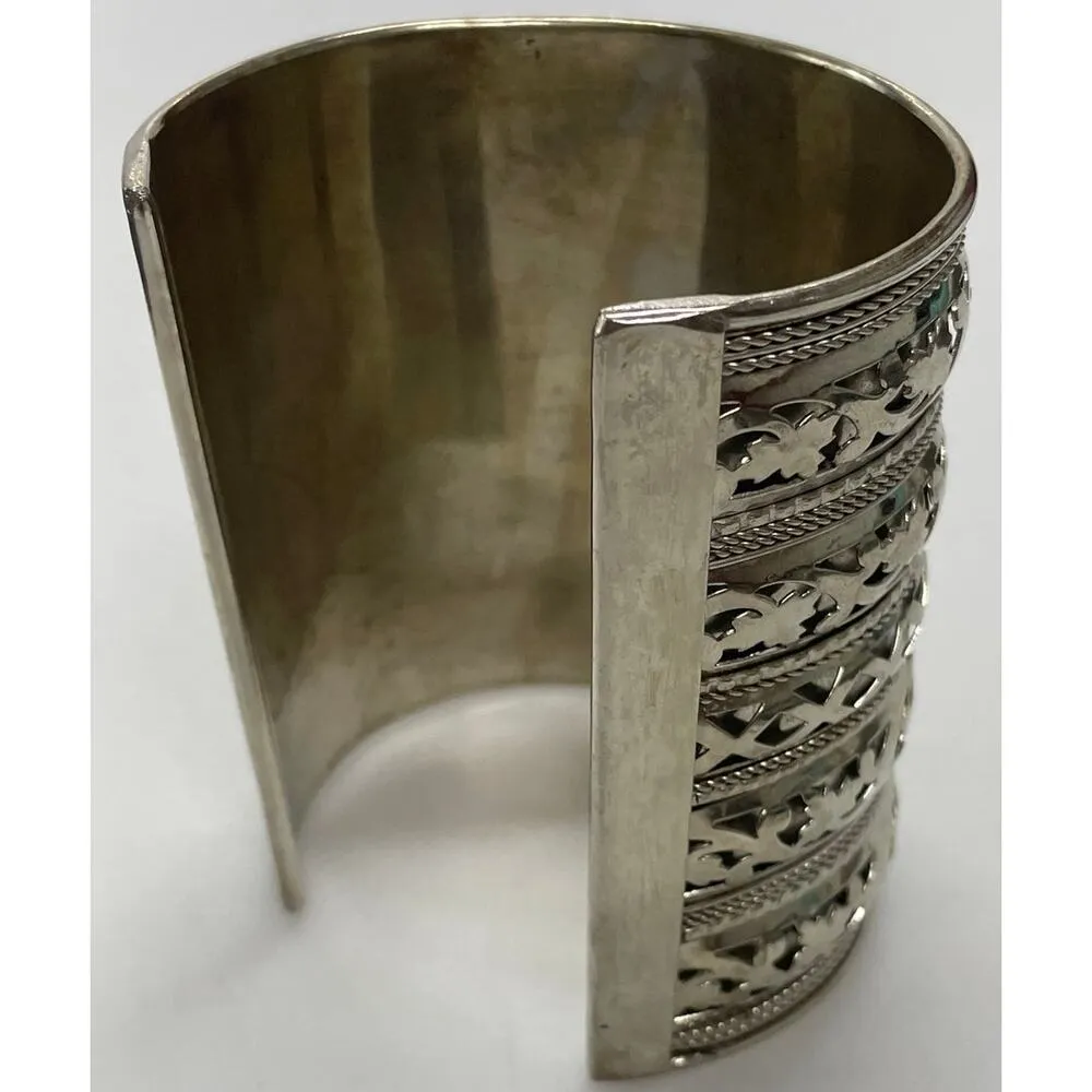 Unmarked Large Open Silvertone Cuff Scroll Cutout Silver - Image 4