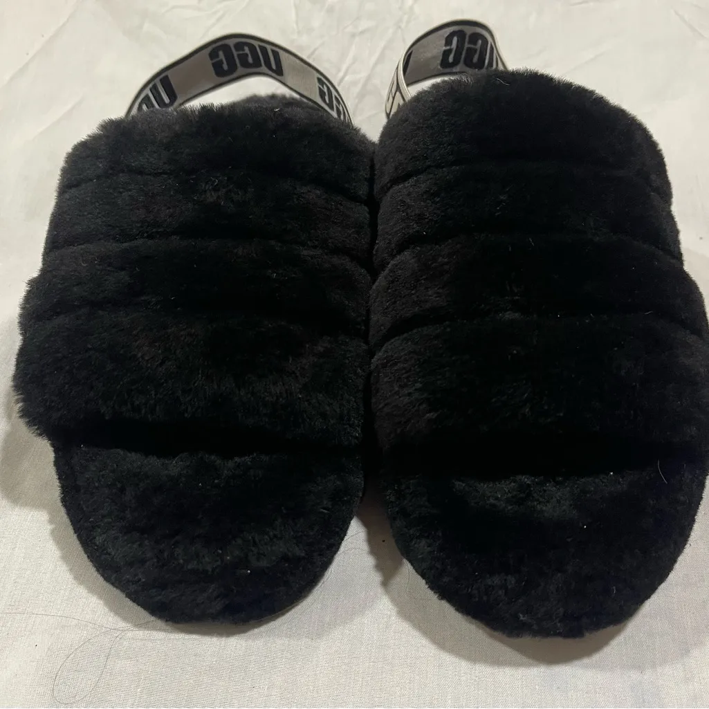 UGG Black Fluffy YEA  Slides SLINGBACK  with Logo Strap - Image 3