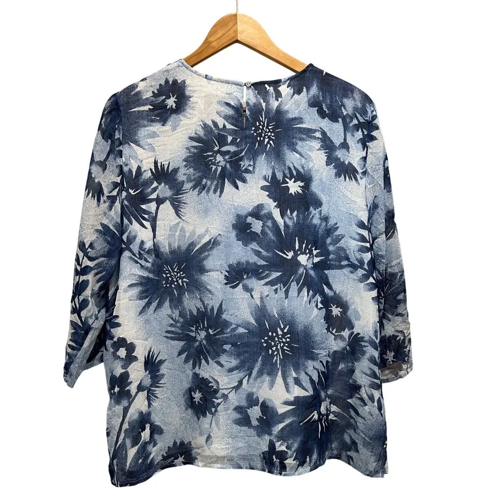 ALFRED DUNNER Floral V Neck Top Sz 14 Petite Blue White Lined Beaded 3/4 Sleeve - Image 6