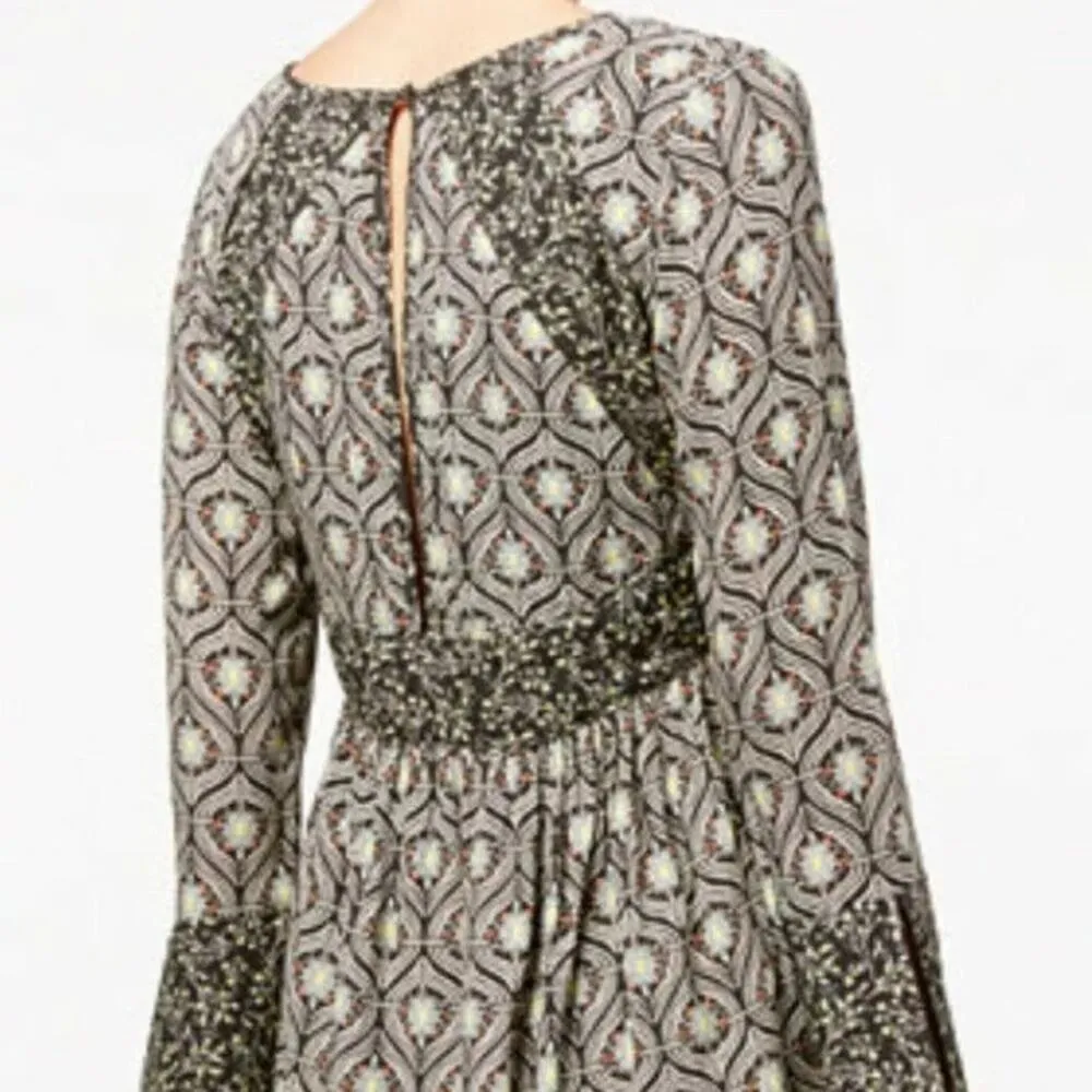 Free People Rolling Hills Print Bell Sleeve Black/Green Tunic Top - Image 3