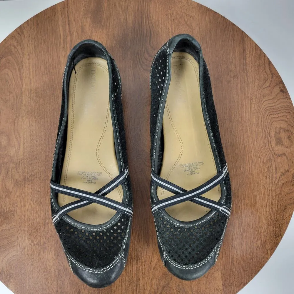 Natural Soul Women's Plantain Flats 9.5 Black Suede Leather Laser Cut Slip On - Image 7