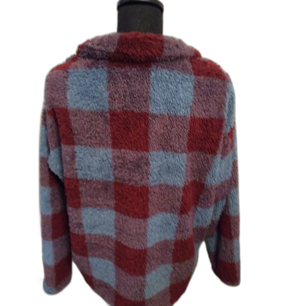 Eddie Bauer Pullover Plush Soft Maroon Blue Partial Zip Jacket Check Size XL - Image 3