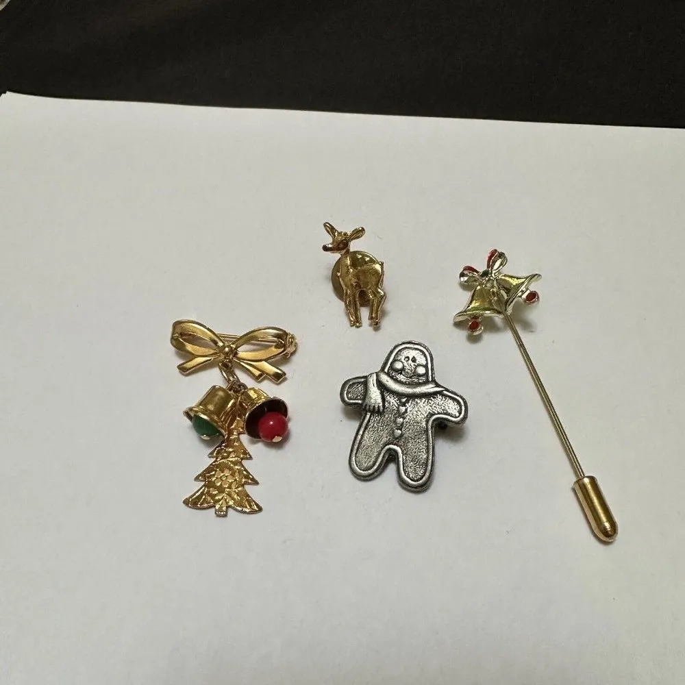 Lot Of 4 Brooch Pins Christmas Holiday Gingerbread Man, Bells, Deer - Image 6