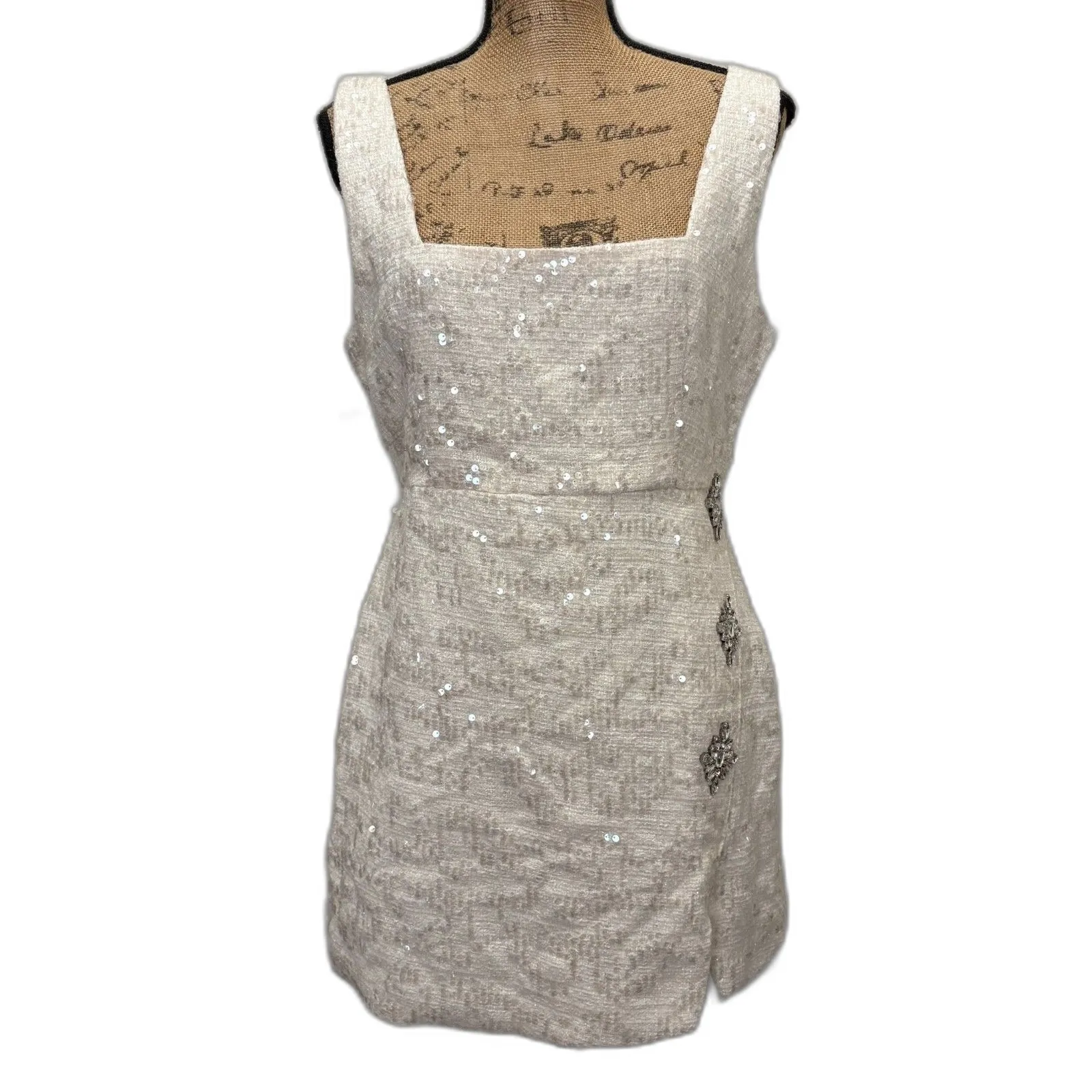 NWT Fore Glittery Poise Tweed Mini Dress Cream Sequin Embellished Size‎ Large - Image 2