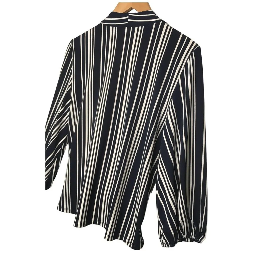 Adrianna Papell Faux Wrap Striped V Neck Career Blouse Blue L - Image 8